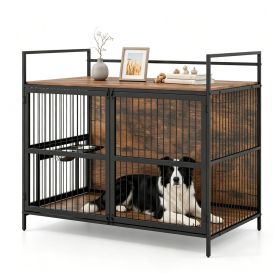 Furniture Style Dog Crate with 360 Rotatable Adjustable Height Bowls, Heavy-Duty Metal Dog Kennel with Dual Safety Locks