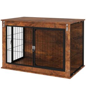 39 Inch Rustic Brown Dog Crate Furniture with Two Doors and Flip Top