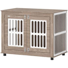 39 Inch Walnut Brown Dog Crate Furniture with Two Doors and Adjustable Feet