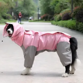 A Raincoat for all small and large dogs; Pet raincoat Medium large dog Golden hair Samo Alaska waterproof four foot raincoat Dog hooded raincoat (colour: Pink, size: 30)