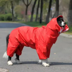 A Raincoat for all small and large dogs; Pet raincoat Medium large dog Golden hair Samo Alaska waterproof four foot raincoat Dog hooded raincoat (colour: red, size: 30)